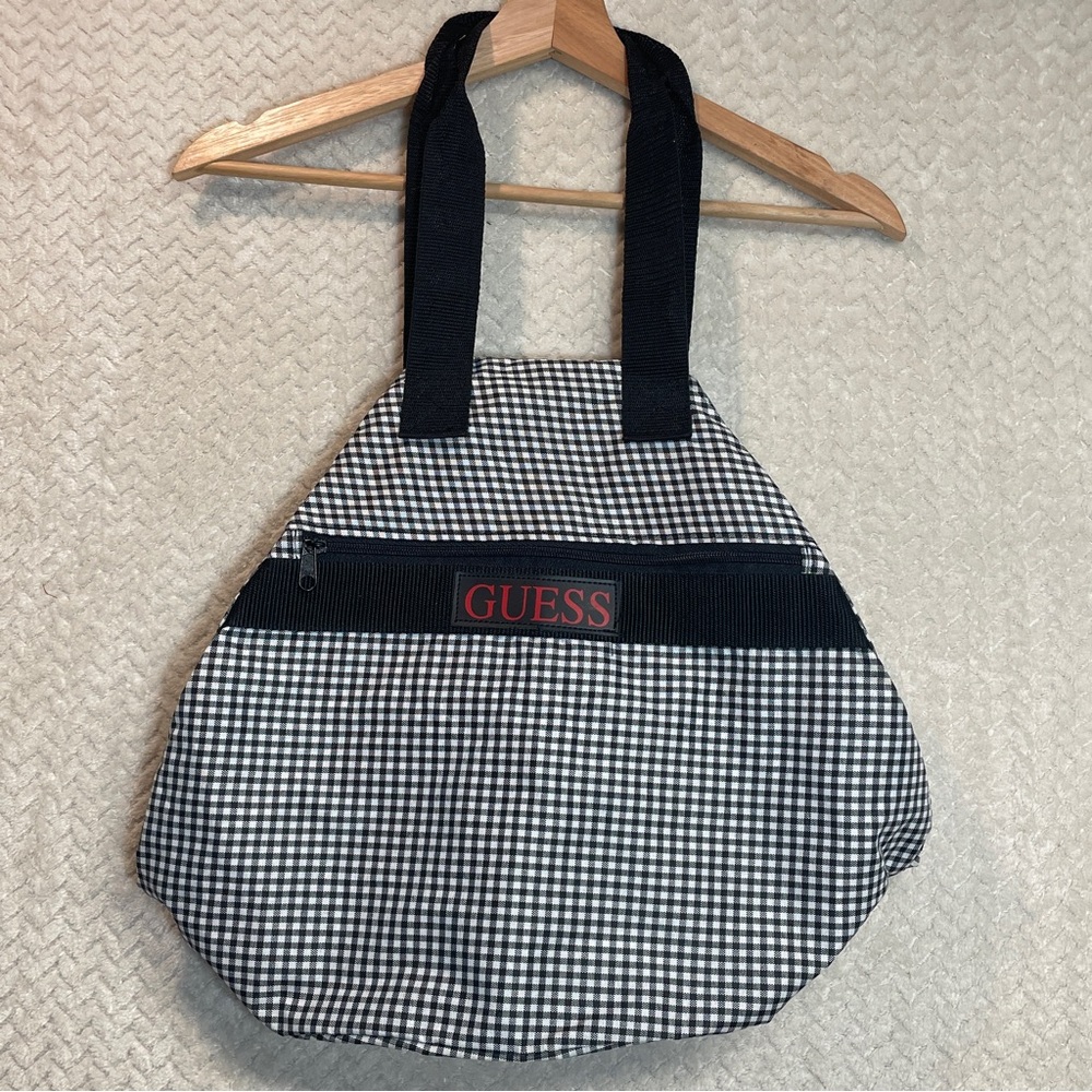 Vintage 90s Guess Gingham Tote Bag Black White Checkered Round‎ Shoulder Purse